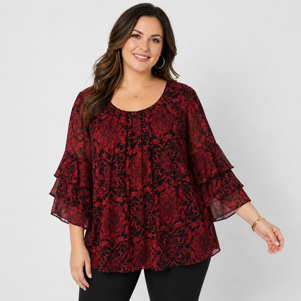Roz & Ali Boho Chiffon Top Women2X Red Black Metallic Bell Sleeve Holiday Party